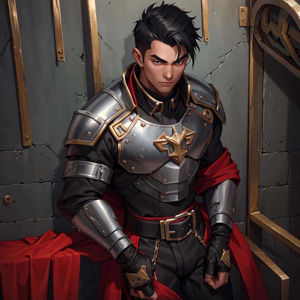 an eighteen year old boy, Asian, divine beauty with a square face, black hair, slim athletic body, he is wearing a tight black leather outfit and tight leather pants, he has a gray metal breastplate and metal shoulder pads, he has a red cloth around his neck, he is in a medieval style student jail, close up detailed image, serious relaxed pose