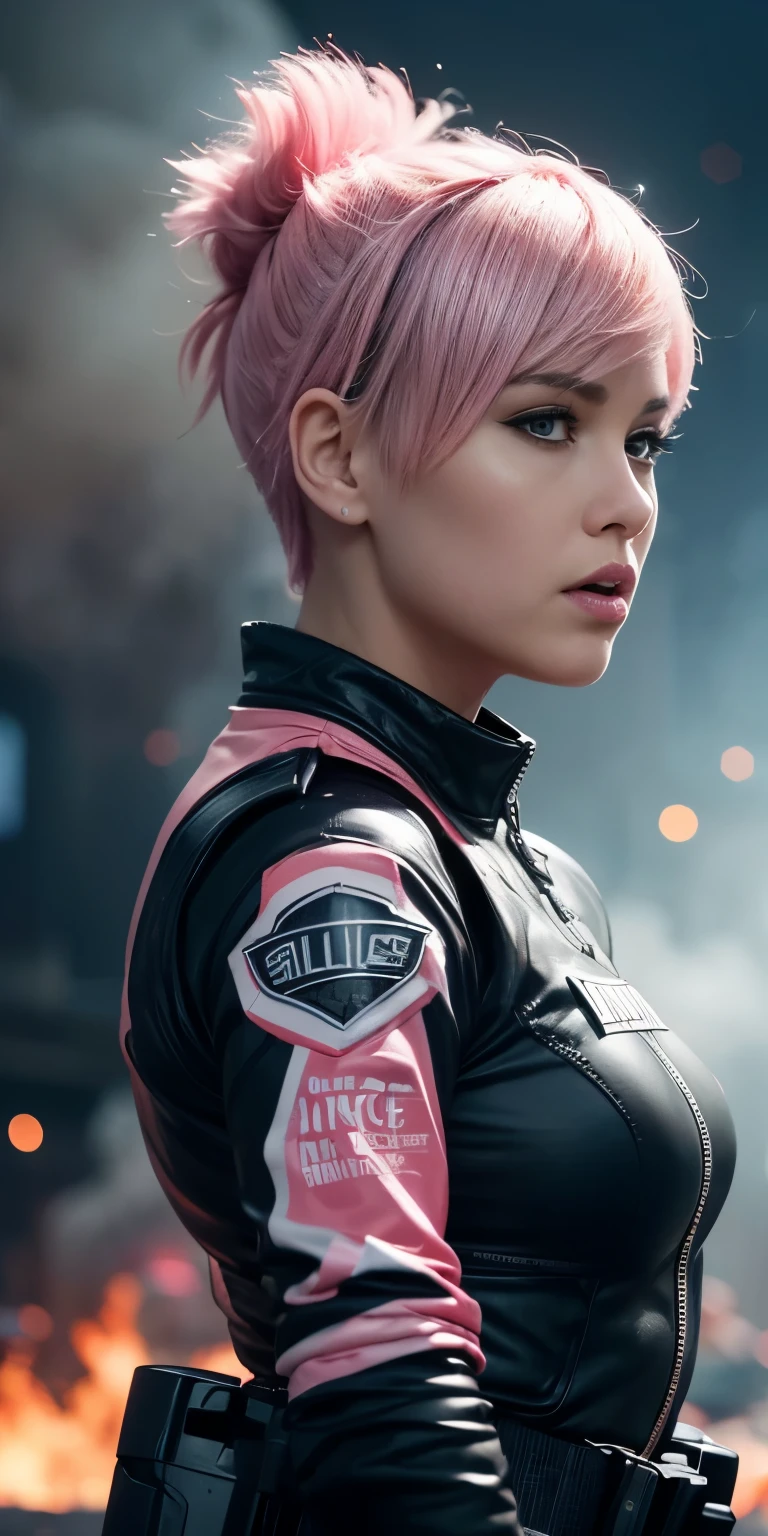 (Photorealistic, Ultra High Definition), ((close up:1, looking at viewer)), Soft light,1 police lady, Night City, (Detailed face), (Pink coiffed short-Hair: 1.3), (cloths color base on silver black pink red white), Futuristic Racing Suits, Police costume like Streetwear, police badge, High-Tech Headset, black army belt, racing gloves, hot pants or low , holding a handgun, "POLICE", ((Background crashed cars, burning car, fire background, Explosions, Running Audience)),