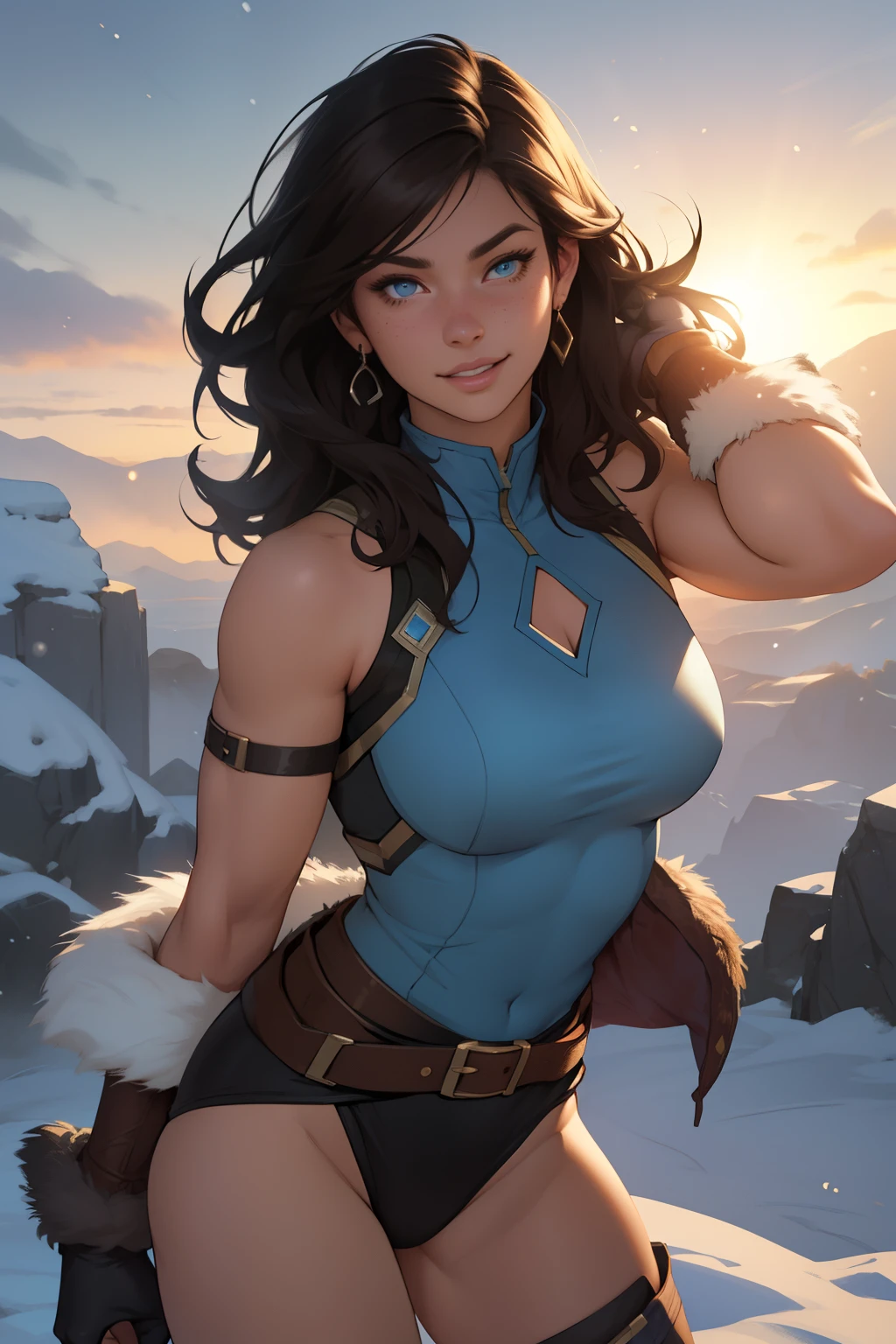 Korra da avatar,(best quality, 4K,8k,high resolution,work of art:1.2)(weather: sunrise), tundra background, artic village, wide hips, short curly hair, brown hair, freckles, sleeveless fur leotard,  fur belt, leggings, fur boots, elbow long gloves, light makeup, dark eyeshadow, sexy pose, ultra detailed,portrait,realistic,beautiful detailed blue eyes, beautiful detailed lips,extremely detailed eye and face, long eyelashes,average, large breasts,flying hair,beaming smile, sexy smile, powerful girl, bright coloured, dramatic lighting, snowing,