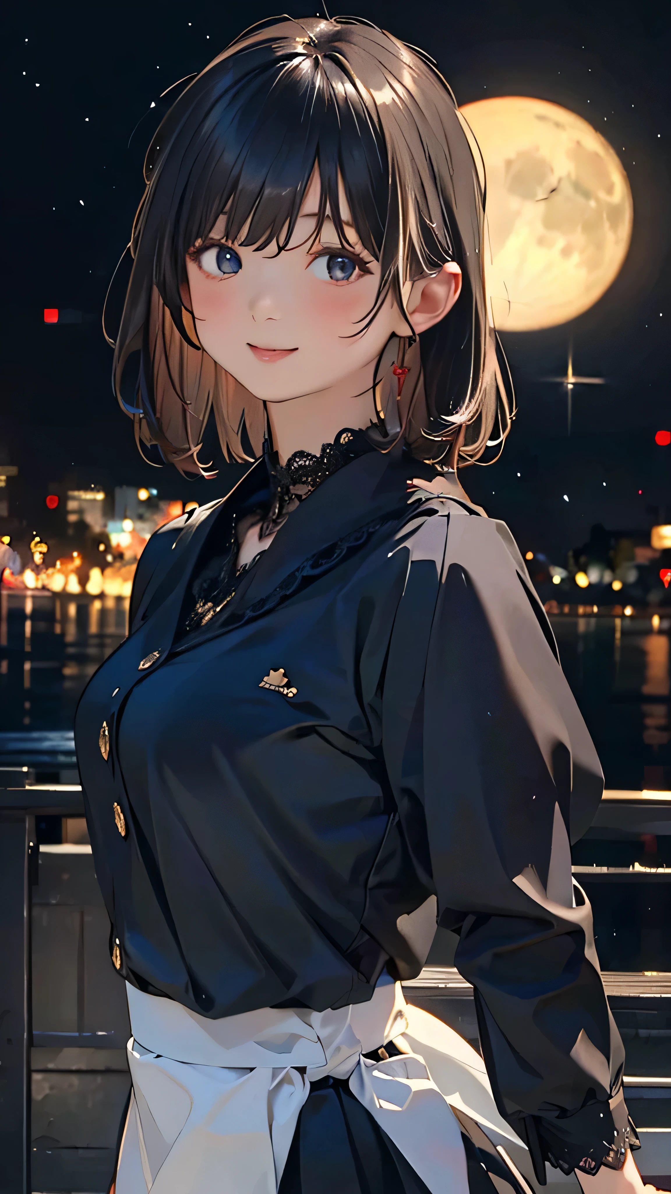  very detailed, ((( very detailed目と顔))), Realistic Portrait , ( best quality, masterpiece,  high definition ), ( high definition スキン: 1.2), 8K Ultra HD,  background blur, smile, Get excited,  One Woman , midnight,  absurd, (abyss), Dark Background,  black background, Reflection of light, full moon, meteor shower, starry sky, tiered skirt, lace tops