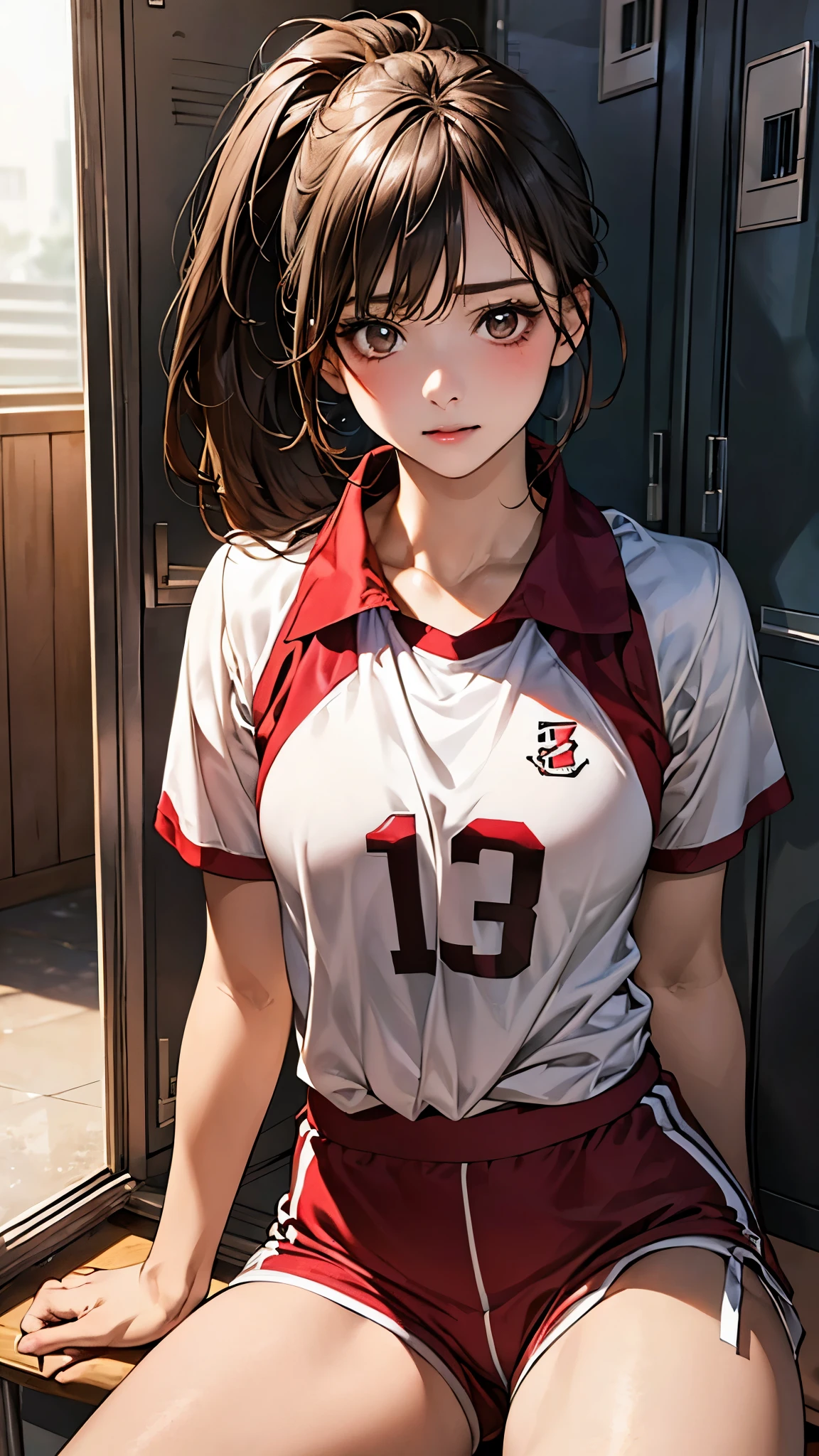 (masterpiece:1.2, top-quality), (realistic, photorealistic:1.4), beautiful illustration, (natural side lighting, movie lighting), depth of fields, 2024s, 
beautiful detailed hair, beautiful detailed face, beautiful detailed eyes, beautiful clavicle, beautiful body, beautiful chest, beautiful thigh, beautiful legs, beautiful fingers, shiny skin, 
looking at viewer, 1 girl, high school girl, (perfect anatomy, anatomically correct, super detailed skin), cute and symmetrical face, perfect face, perfect eyes, tiny, babyface, 
(middle hair, ponytail, dark brown hair), bangs, brown eyes, long eyelashes, (medium breasts, wide hips, narrow waist, seductive thighs), slender, outstanding style, 
(detailed cloth texture), break (red and white volleyball uniform, red and white short-sleeved shirt, red shorts), break
(beautiful scenery), autumn, evening, (school locker room:1.2), sitting, (spread legs), (embarrassed, wince),