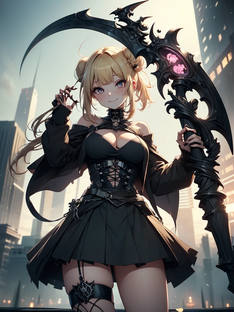 8k,  best quality, The real picture,  complex details, Very detailed,  ultra high resolution,  depth field , ( realistic, realistic),  table top , (( full body shot)), ((( 1 girl))), ( Standing Pose ), (((Holding the Death Scythe with both hands))), eye_Chan,  VERY BEAUTIFUL, innocent big eyes,  beautiful breasts, 非常に詳細なeye, ( beautiful breasts), ((Blonde)), ( bun hair), ( asymmetrical bangs),  Perfect Skin, Fair skin, (( small breasts)), Tight waist, Alone,  stares at the viewer , (smile), ((pink gothic punk fashion )), ((( micro mini pleated skirt holding a huge scythe with both hands ))), ((( stands on top of a skyscraper on the night of a full moon)))