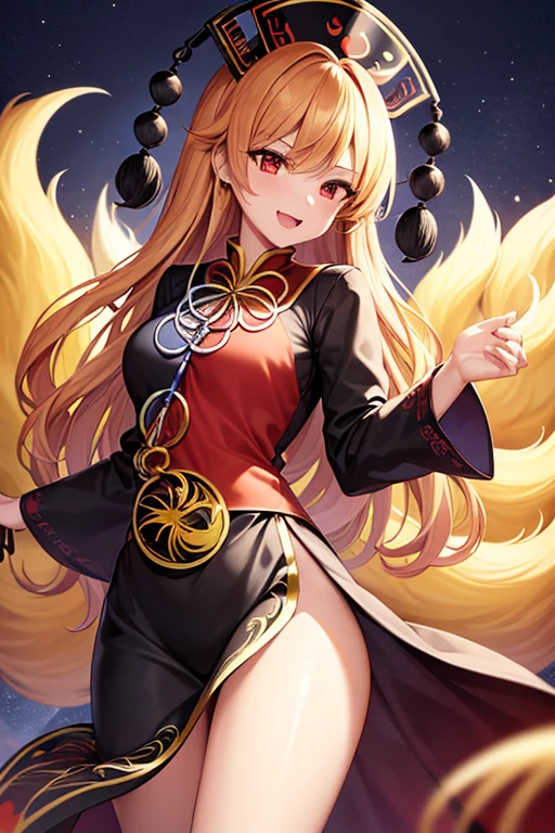 Fox girl with 9 tails, wearing Japanese priestess clothing, It's in a Japanese temple, the day is beginning to sunset with an orange sky, She has light orange hair and tails., her priestess outfit has white and red as the main colors, her eyes are emerald green, She is following a straw broom