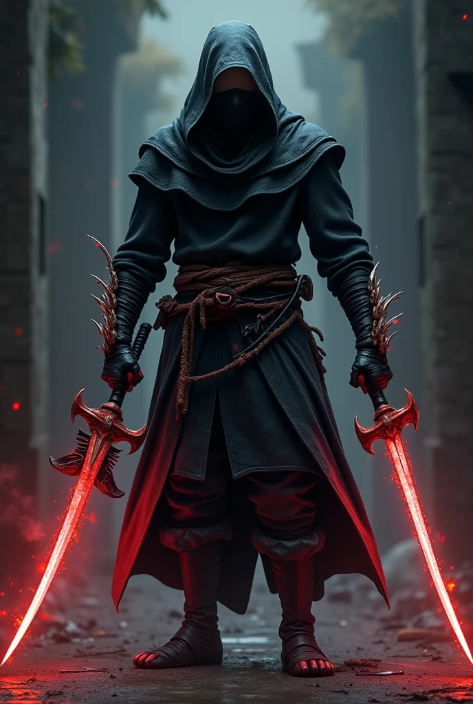 A 40-year-old boy from Minecraft is wearing an Assassin's suit and holding two bloody scythes