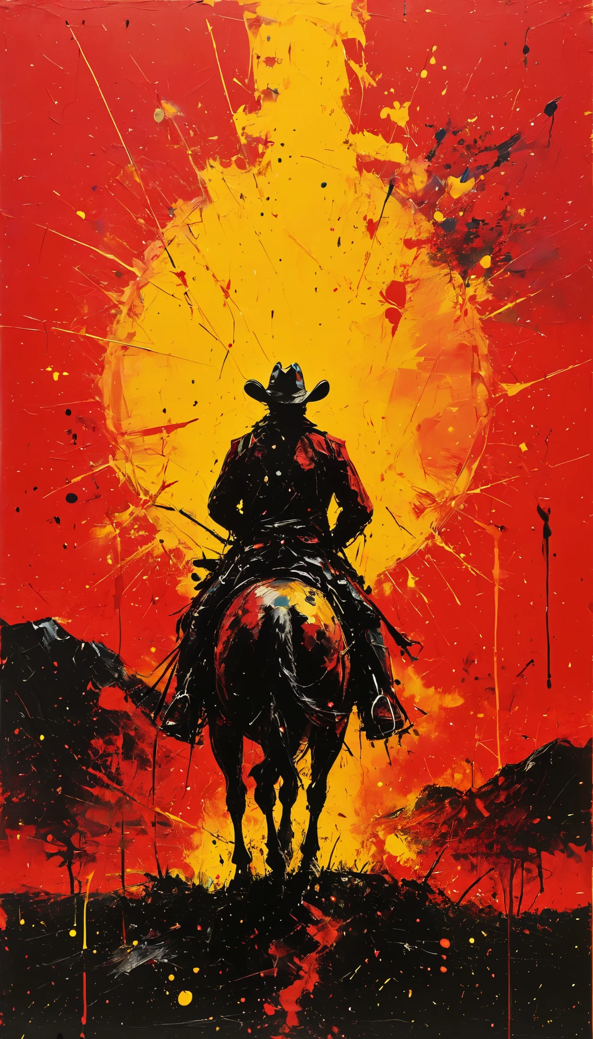 Ultra-high definition, award-winning work, masterpiece, red background, black silhouette of cowboy on horseback against sunset, yellow sun, hyper contrast, multi-colored high-concentration splash paint,