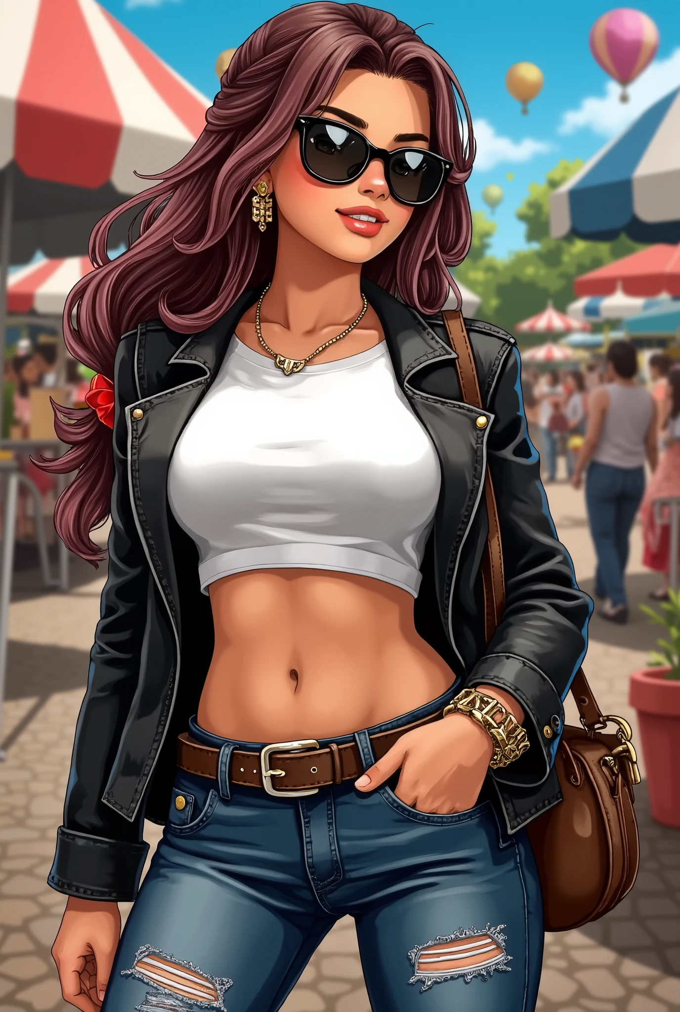 (masterpiece、 best quality、 best quality、 Official Art、 beautiful and beautiful :1.2)、( one girl :1.3)、(masterpiece:1.2,  best quality), 1 Female, Alone,  upper body, Big Breasts,  A chic and edgy leather jacket、 combined a classic white t-shirt with distressed jeans 、 finished confidently and effortlessly with minimal makeup and a messy bun。 (Music festivals and trendy streets )  high-profile sunglasses and oversized jewelry ,  with a convenient crossbody bag 