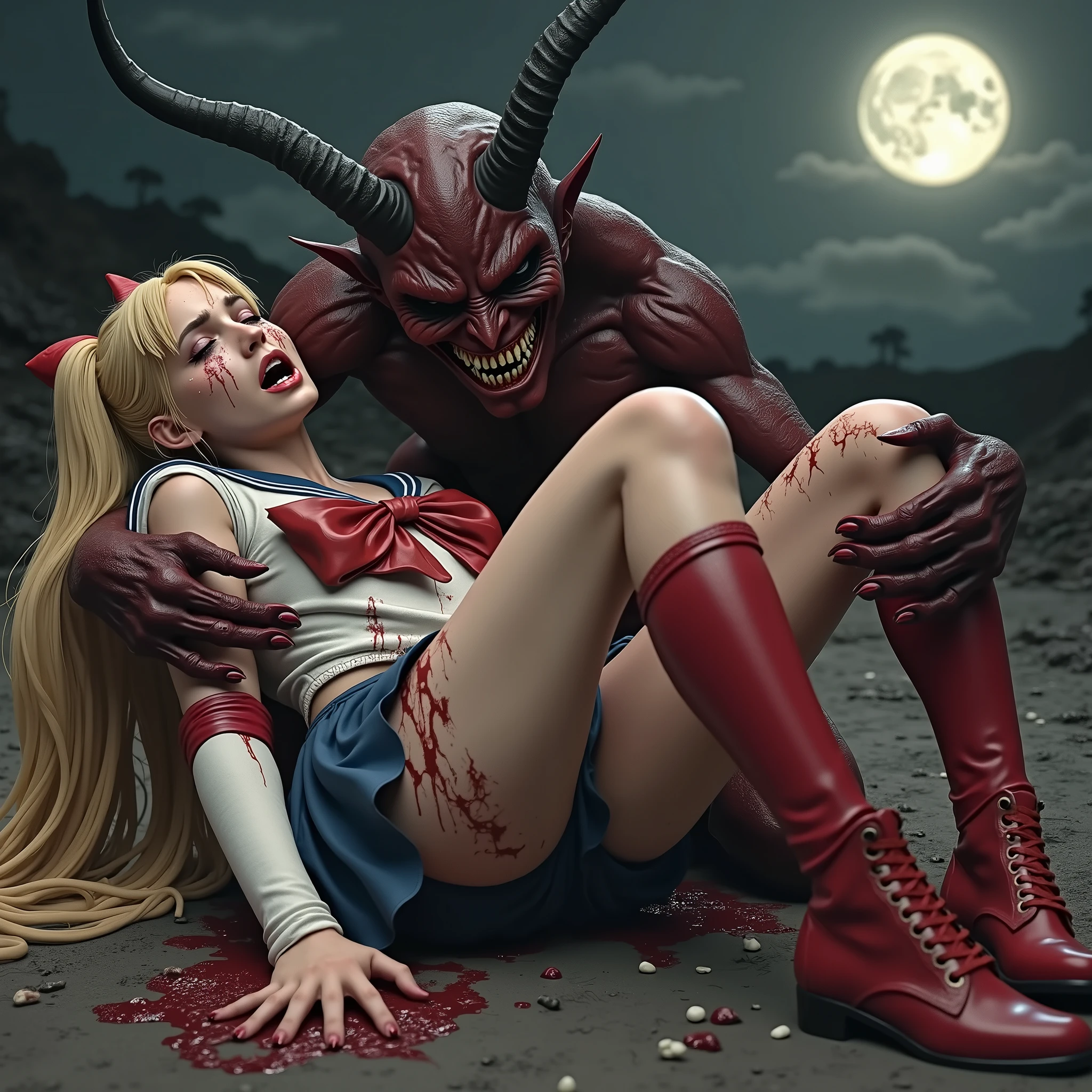 Undead sinner on her knees sucks demon's cock, forced oral sex, (mouth rape:1.3), Sexual violence, hand on her head, holds her by the hair, (traces of beatings on her body:1.2), torn clothes, Sexual slavery, hellish torment