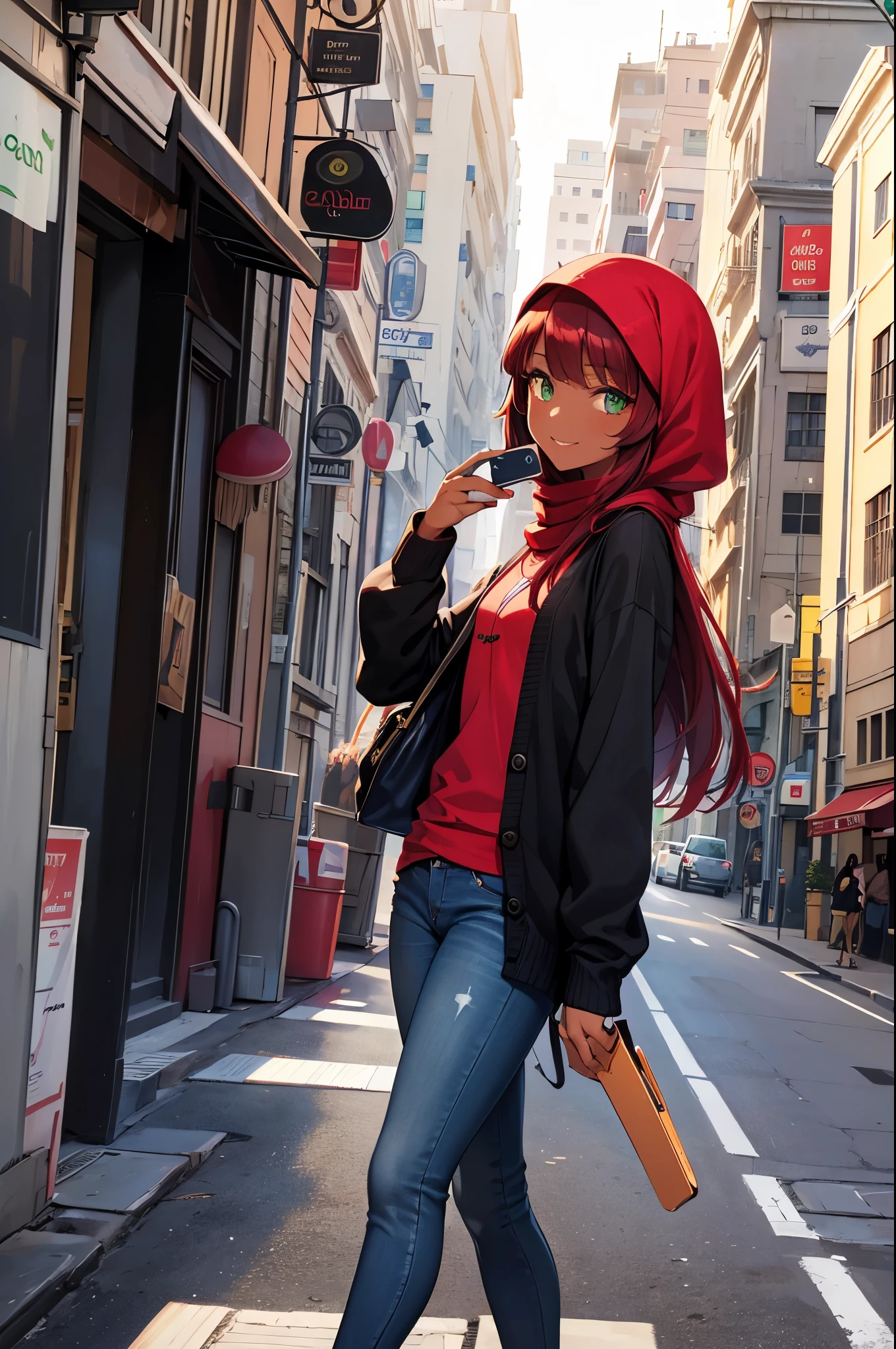 1girl, illustrate, afternoon time, at Algiers city, walking, (weared hijab), height 155cm dark skin girl, small size chest, red hair, long straight hair, bangs, green color eyes, ((call on the mobile phone, iPhone)), weared black color long sleeve T-shirts, weared cardigan, weared denim jeans, smiling