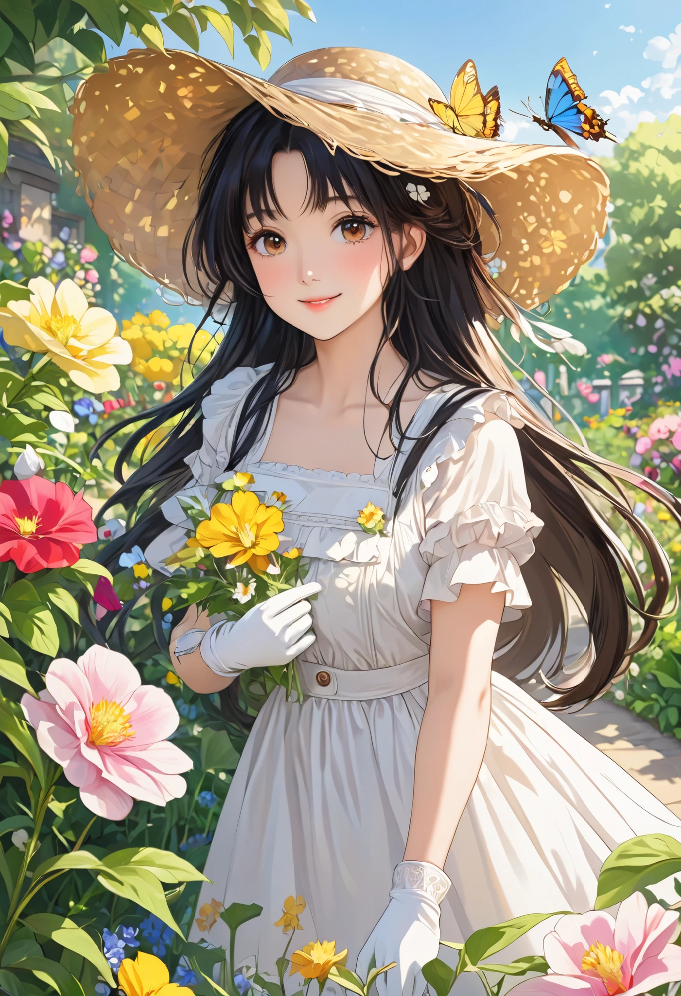a woman in a straw hat is carrying a large amount of flowers, 1girl, solo, hat, flower, realistic, looking at viewer, holding, long hair