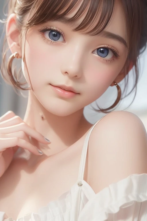 (8k,  best quality, masterpiece: 1.2),  super detailed,  best quality,  ultra high resolution,, ((True Face：1.4)),  super short hair,  side lock hair,  earrings for a woman alone, Silky Blonde,  professional lighting,, Paris , Storm scene, Edwardian Women Who Dressed in White,  gentle smile, watercolor
