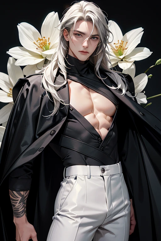 full HD, 4K, better quality, ((1 Adult man, 40 years))), ((white long Hair)), ((grey eyes)), white turtleneck, black trousers, Black background, Large assembly, Pumped up body, good anatomy, (super detailed face), (Detailed eyes, Even the eyes), soft look, soft expression, Dynamic pose in a black cloak, military, half-naked chest, tattoos on the body, glowing light, (flowers at the background)