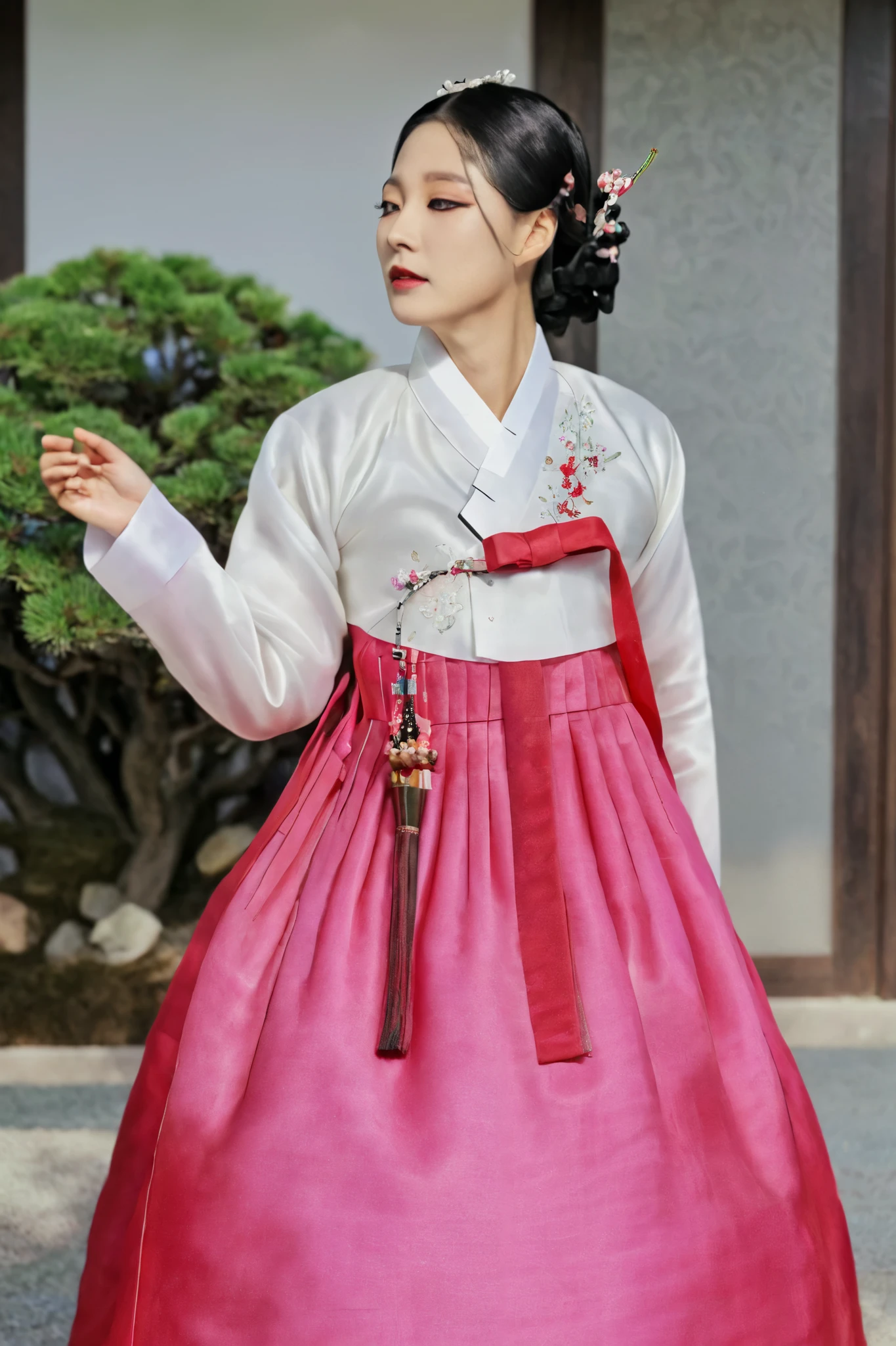 A Korean man in women's hanbok, hi is crossdresser, His face and hairstyle are very masculine, silk, Mother of the Bride hanbok Dress Outfit, breasts like a woman, black and red, slender female body, satin