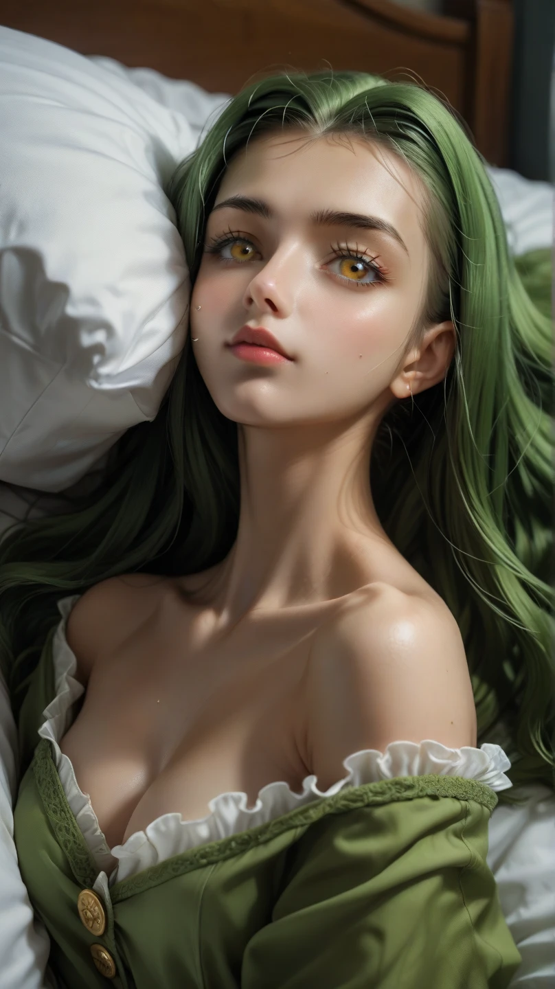  anime woman, CC, Code Geass, long green hair, yellow eyes , thin two piece bikiny , on bed , white drops on face , , دقة عالية, عمل رائع, علم التشريح صحيح, دقيق, أفضل جودة, 