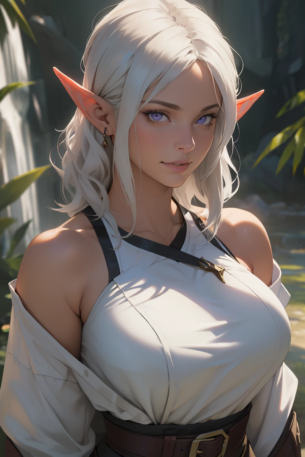 Best quality, masterpiece, ultra high res, (photorealistic:1.5), raw photo, 1girl, offshoulder, in the dark, deep shadow, low key, cold light, sexy look, white hair, short wavy hair, purple eyes, light smile, (large breasts: 1.2), white oversized t-shirt, elf girl, elf ears