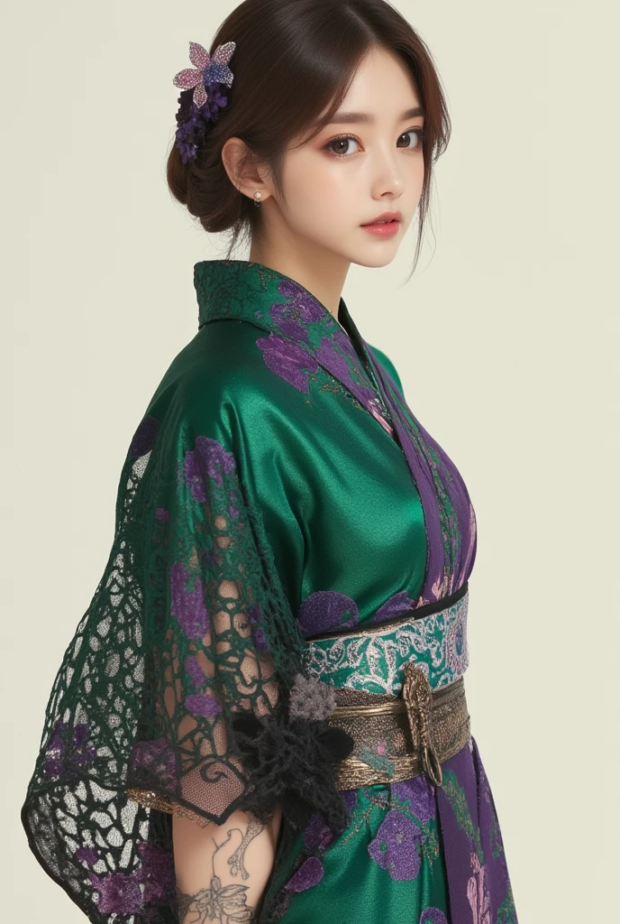 A asian woman in a green and purple loose kimono, solo, short sleeves, standing, full body, japanese clothes, wide sleeves, black sash,  floral print, tabi, haori made of a detailed victorian lace , 