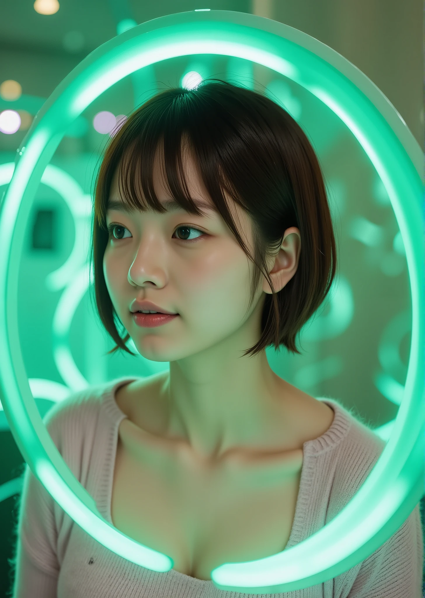  beautiful girl shines in a green ring shape "SONY" listening to music 、The girl is listening attentively to music 、Short maroon pixie hair with bangs 、 wears a light pink sweater with a wide neck、Small breasted girl