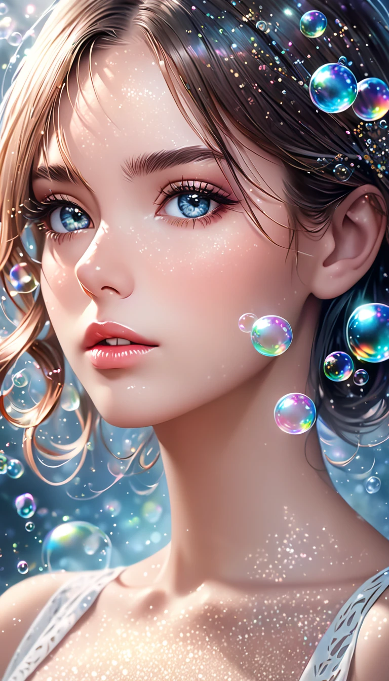  beautiful woman with seductive eyes ,  portrait,  Shading Effects ,  Gradient Magic Effects , Glitter Effect, soap bubble effect ,  misty filter effect, (  super detailed , absolutely resolution,  best quality:1.3), 2.5D, Delicate and dynamic ,  artistic photo, hyper realistic,  graphic CG digital art , 