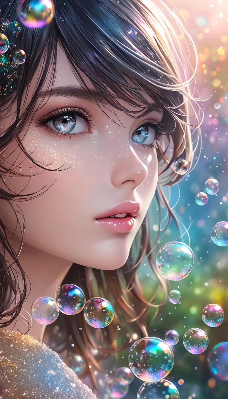  beautiful woman with seductive eyes ,  portrait,  Shading Effects ,  Gradient Magic Effects , Glitter Effect, soap bubble effect ,  misty filter effect, (  super detailed , absolutely resolution,  best quality:1.3), 2.5D, Delicate and dynamic ,  artistic photo, hyper realistic,  graphic CG digital art , 