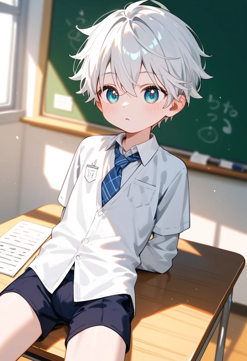 Coolness. high quality. good illustration,classroom,lying on table,detail real texture skin, (dagasi).spreading legs,,, (Detailed texture rich contrast). Nice illustration.,,shota,short height body. Cute killua boy.,dynamic angle,looking at away,,(clothes ,. ,)detail eyes,,,white hair,slender body,cute face