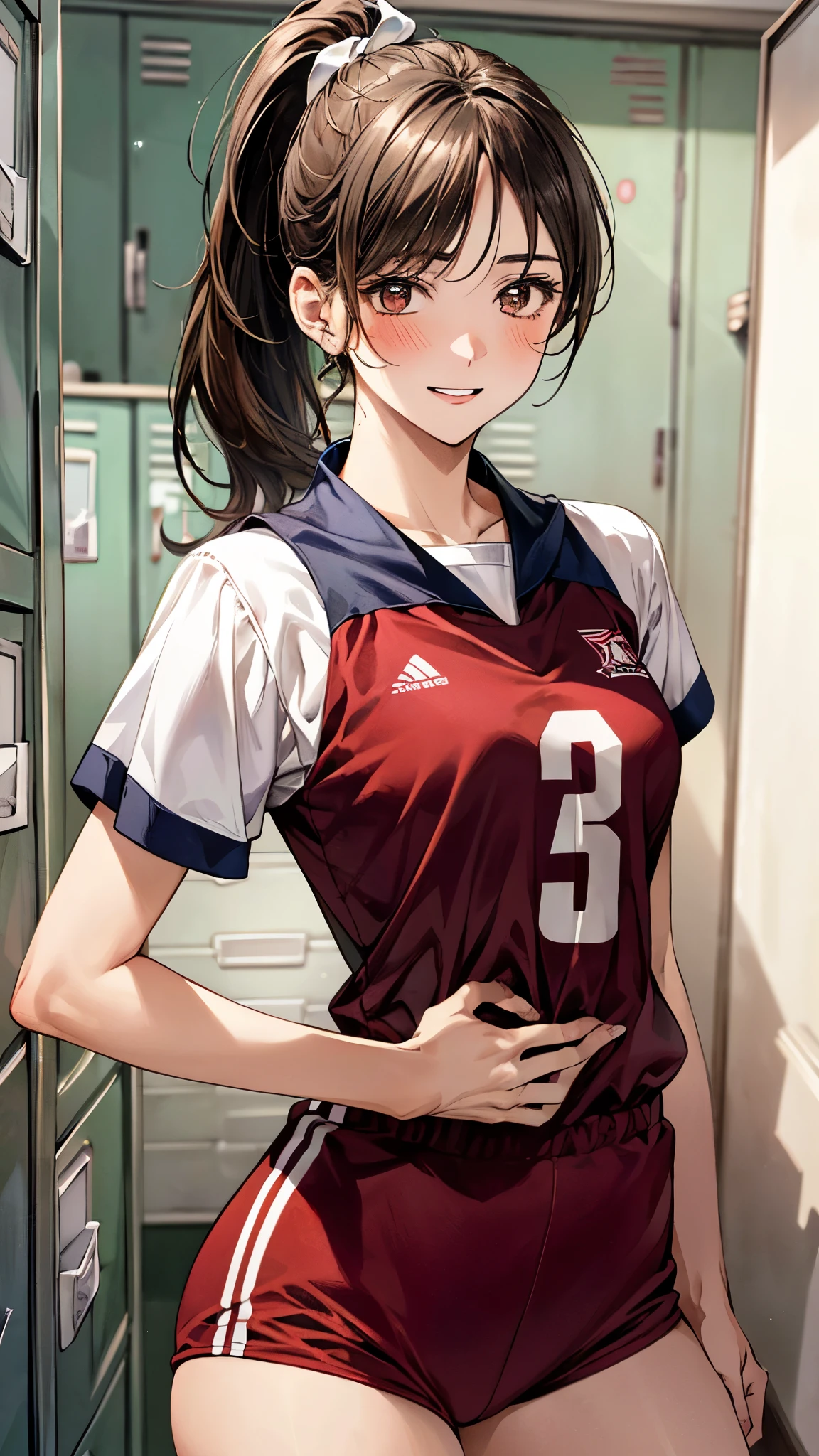 table top, highest quality, High resolution, perfect pixel, 4k,, 1 girl, single, alone, Beautiful woman、I could see the whole body、 ((ponytail、wavy hair, bangs, brown hair)), ((brown eyes, beautiful eyelashes, realistic eyes)), ((detailed face, blush:1.2)), ((smooth texture:0.75, realistic texture:0.65, realistic:1.1, Anime CG style)), medium breasts, dynamic angle, perfect body, ((sit with legs spread、Red and white volleyball uniform、white short sleeve shirt、red shorts、))、locker room、、Very embarrassing panic smile、、、、、cover your chest with both hands