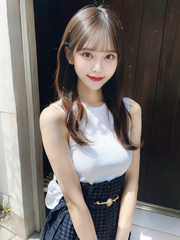 highest quality、超A high resolution、(Photorealistic:1.4)、(Ulzzang-6500:0.4)、Beauty、Korean Idol、18-year-old、Hair length、Light brown hair、Neat wavy hairstyle、、Very small breasts、Realistic eyes, thin narrow eyes、Beautiful Eyes、Laughter、Crop top、Tank top、Wear a see-through shirt、mini skirt、On the street、squat、thin、A thin、Slender body line、Photographed from diagonally above
