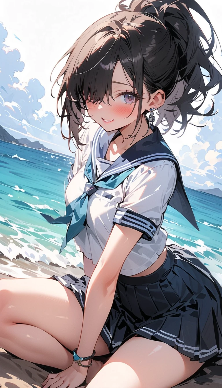 Ocean The shoreline of the sand Elementary school girl, A-cup breasts, black hair, long hair, purple eyes Laughing with your mouth open (one person) White upper body, short-sleeved sailor uniform Navy blue mini skirt White panties((I can see her panties)) barefoot Standing on the shore Waves crashing against my feet Dynamic angle Low angle