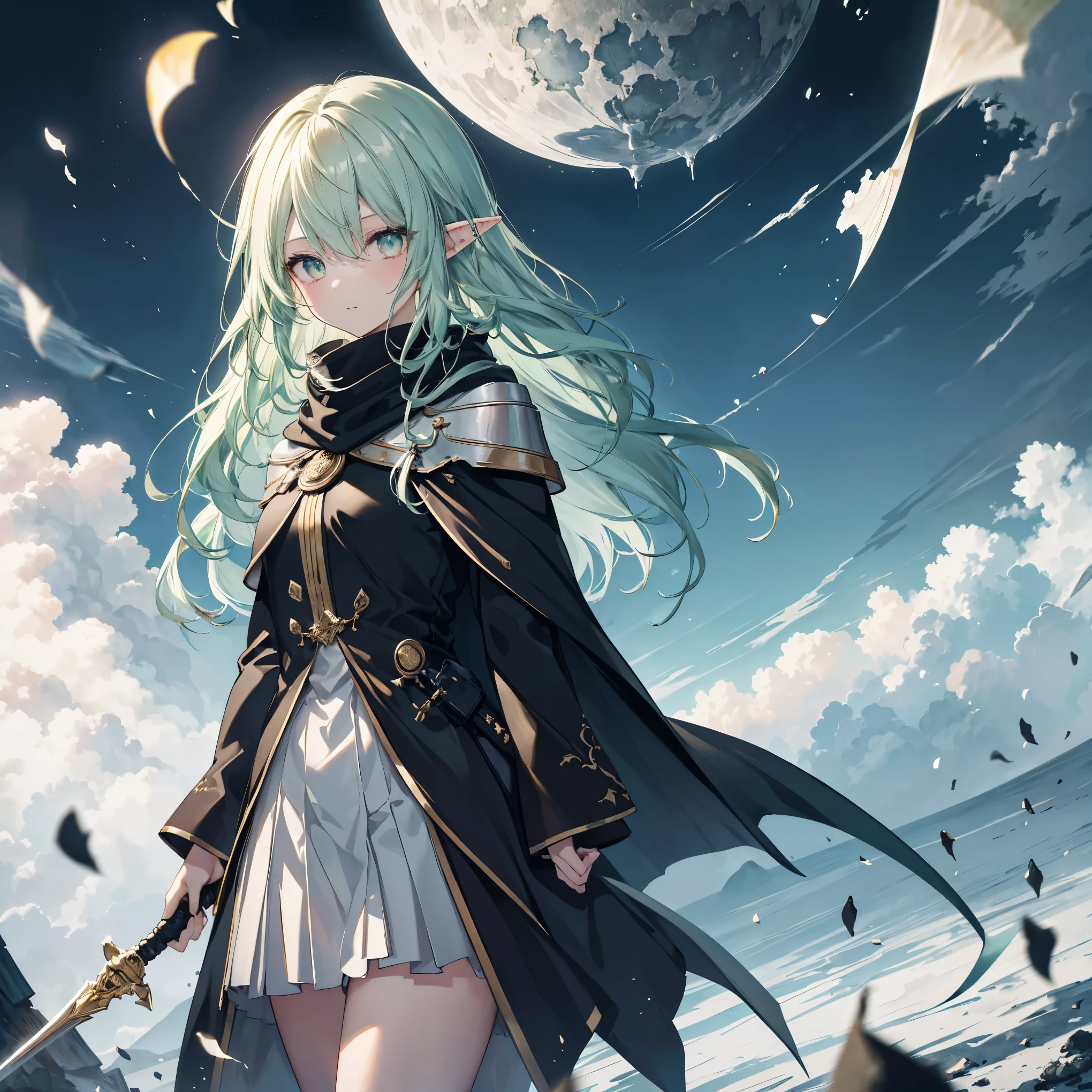      High Quality , masterpiece,   delicate hair  ,   delicate eyes  ,   delicate hair  , ((masterpiece, 最     High Quality )),      High Quality , masterpiece,   delicate hair  ,   girl  ,( Light green hair)),((gold eyes)), Daikon,Long Hair,Elf Ears,(tornado armor), (Black longsword style effect),(loose Long Hair),((Black Cape)),(Cape Hood,  black miniskirt ),(Red Stove    ),scarf,Moon in the Sky, knight ,   floating yellow flower autumn ,      Strong Shadows     ,Ash,,ice,((Ink wAsh painting)),((ink splAshing)),((color splAshing)),