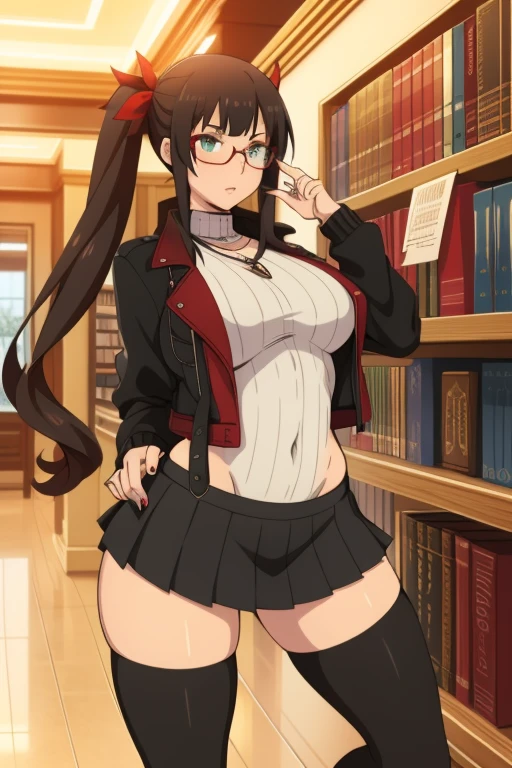 20 year old woman, busty, huge tits, round breasts, bubble butt, hourglass figure, skinny, blushing, stern expression, horny, seductive, brown hair, twintail hair, long hair, straight hair, straight fringe, bangs, wearing cropped jacket, black leather jacket, red ribbed sweater, turtleneck sweater, black pleated skirt, transparent stockings choker, high heels, glasses, tight fitting clothing, flat colours, anime, ecchi anime style, inside, in library, librarian, punk, punk hairstyle, heavy makeup, kissable lips, hentai, manga, hands on chest, rin, fate