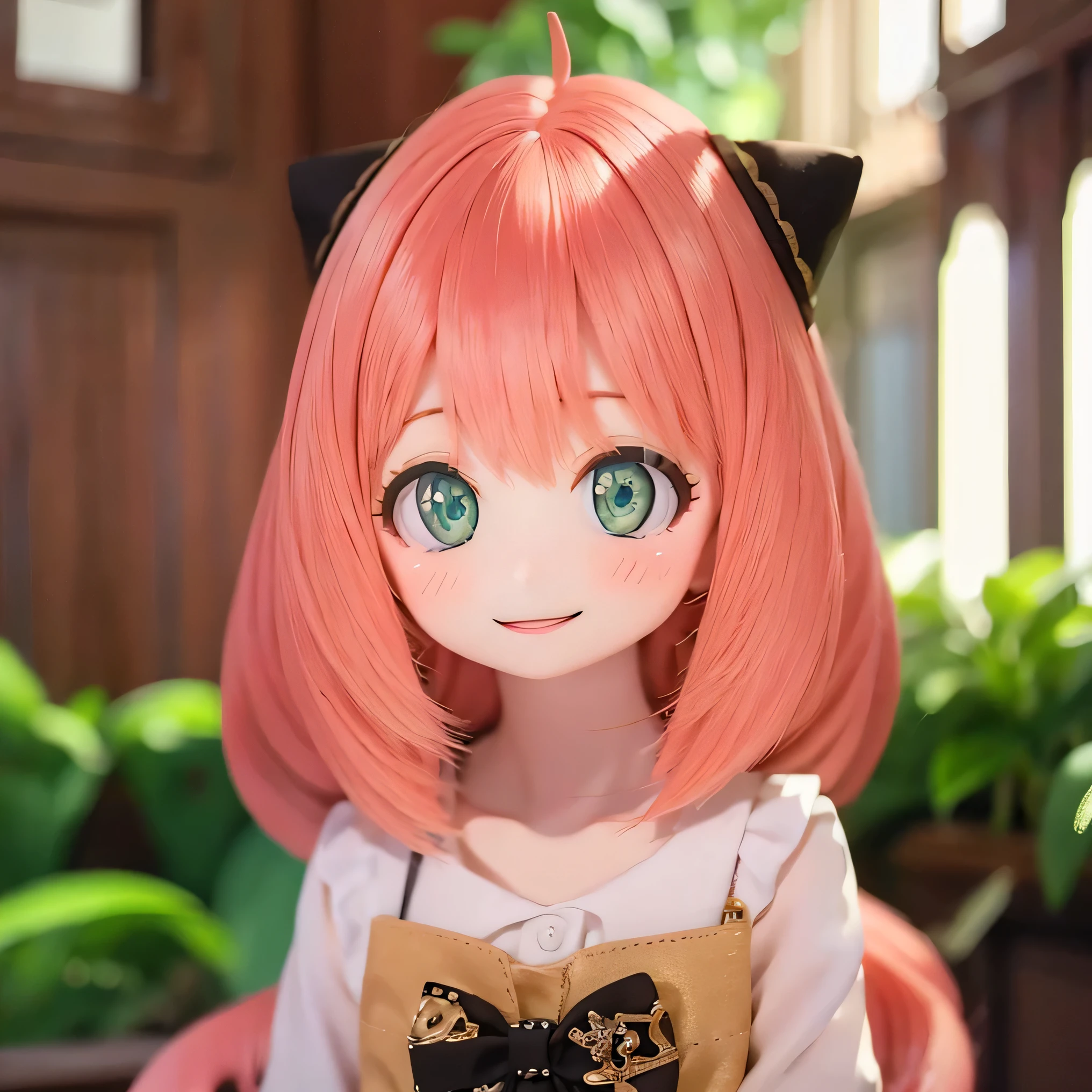 ( in exchange ,4K,  kampala  ,masterpiece:1.2),   very detailed  ,Realistic, beautiful details , Beautiful Lip Details ,   has long eyelashes,   Pink Hair,  ( Shorthair),smile,    girl, cute expression ,Cheerful, playful ,   girly,Bokeh,  soft lighting  , Standing Pose , whole body, Chibi