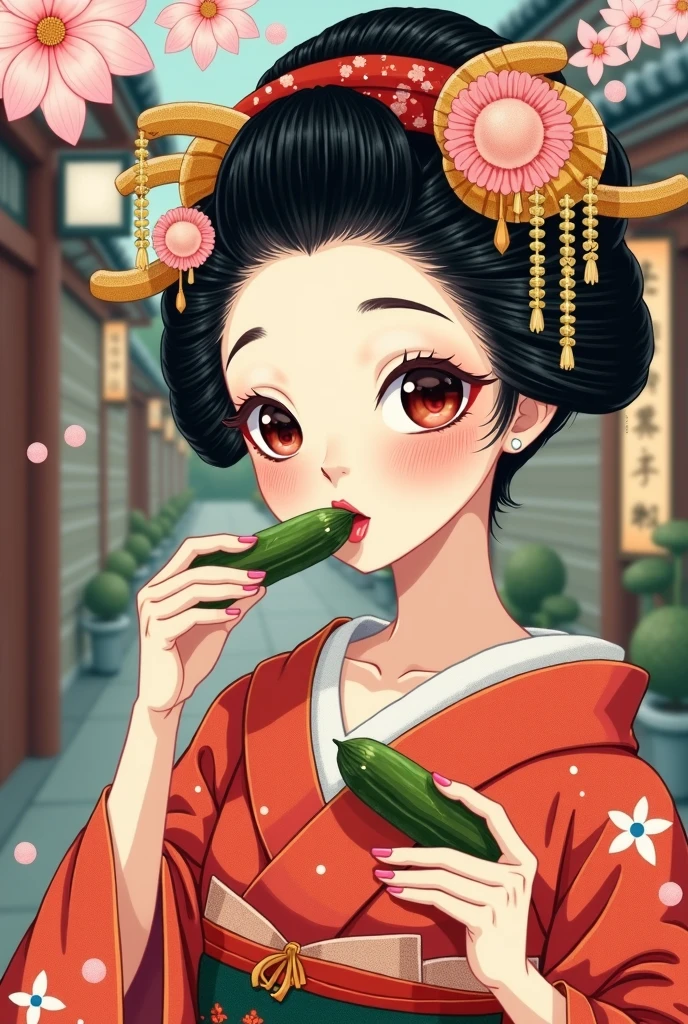 (masterpiece, best quality, high quality, highres, ultra-detailed), sushi on plate, wooden table, bokeh, 1girl, traditional clothes, short hair, oni horn, red eyes, black hair, hair ornament, Kanzashi, blue sky, sakura tree on background, village, sake on table, smile, closed mouth, mature female, looking at viewer, anime style, seductive smile, lipstick,
