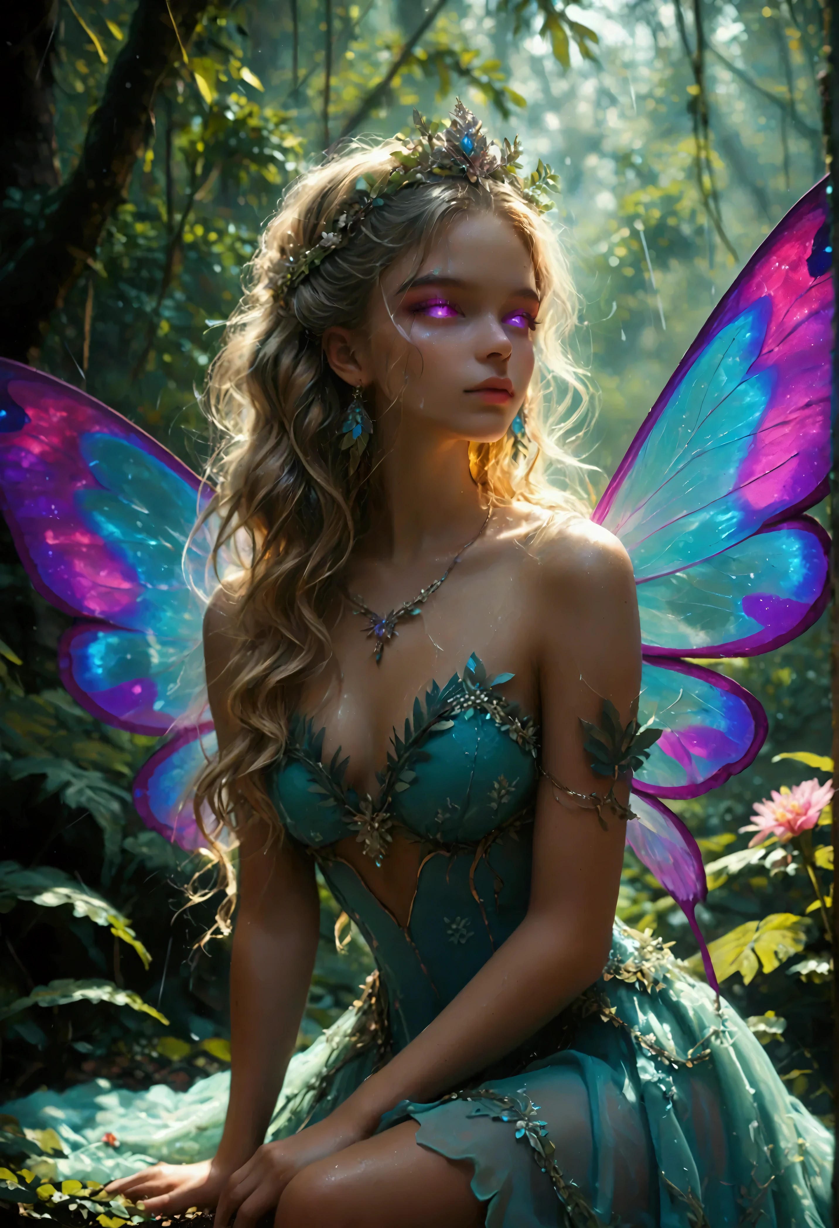 a picture of a jungle fairy, an extraordinary beautiful, elegant beauty, divine beautiful fairy, spread butterfly wings, blue and purple wings, pink eyes, glowing eyes, best detailed face,  blond hair, rich hair, wavy hair, glamour dress, wild dress, dress decorated with jungle flowers, sitting on massive heliconia tree the rain forest, sun rays coming through the trees, Hyperrealism style, vibrant, Ultra-high resolution, High Contrast, (masterpiece:1.5), highest quality, Best aesthetics), best details, best quality, highres, ultra wide angle, 16k, [ultra detailed], masterpiece, best quality, (extremely detailed) RAW, chumbasket art style, FairyTaleAI, fairy wings, hyp3rd3tail style