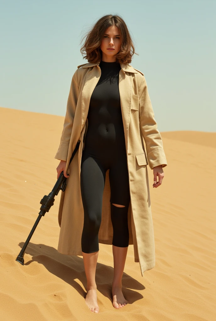 Sortant du sable. Position sniper. Femme assassin futurisme. Enveloppé d'un robe ocre. Laissant voir la combinaison intégrale biomécanique noire moulant, entre ses bas et jambes accroupie. Monde futurisme. Dans une autre planète. 