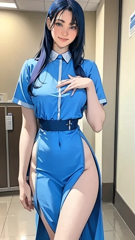 There is a nurse in the hospital wearing a rainbow-colored nurse uniform、beautiful, Long legs 、 long blue hair 、  thin waist、  blue stockings  、Smiling and kind 