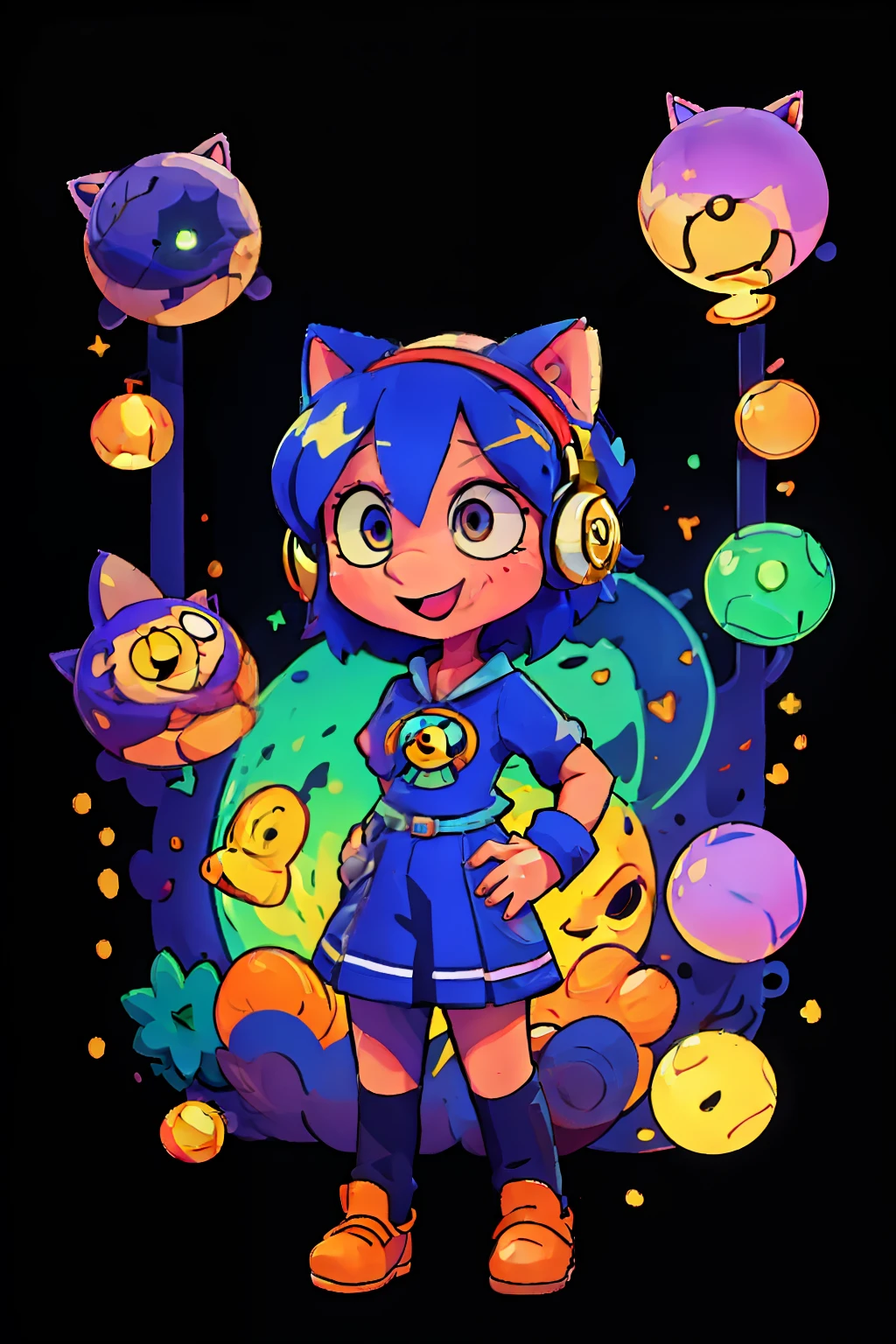 A lively anime-style surreautistic girl with oversized cat ears, playful accessories like paw-shaped headphones, immersed in a surreal cyber-dreamscape of cascading digital rainbows and pixelated stars, glowing keyboard lighting up her happy face,Accurate, High Quality, Super Detailed, 