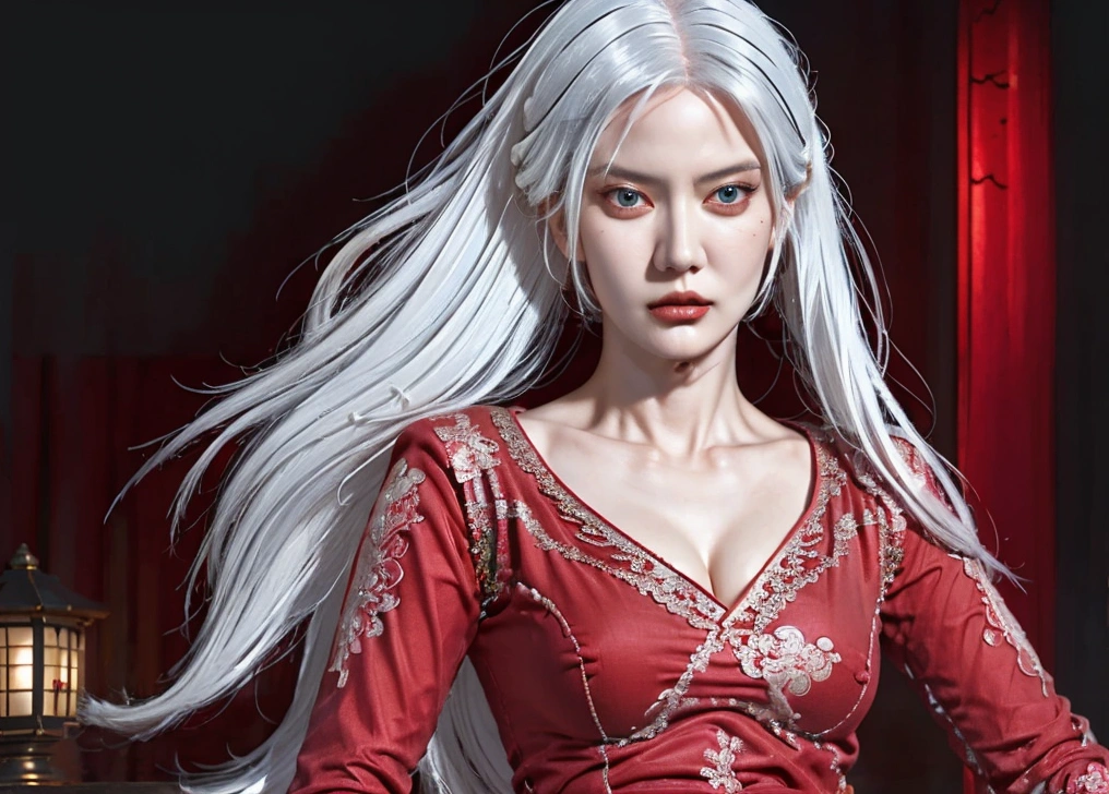 a woman with long pastel White hair, dark eyes, wearing red ninja clothes, detailed face, elegant pose, highly detailed, intricate details, beautiful portrait, dramatic lighting, cinematic composition, vibrant colors, digital painting, concept art style, photorealistic, 8k, masterpiece