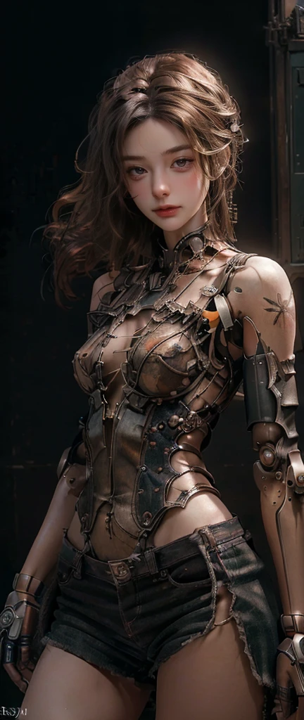 1 Mechanical Girl 、 ((super realistic details)) 、 portlate 、 Global Illumination 、 shadowy 、 Octane Rendering 、 8K 、 ultrasharp 、 Steampunk Cyborg Body 、 Metal 、 Intricate decoration details 、 cool color 、 Gothloli details 、 highly intricate detail 、 Realistic light 、 Trends in CG、Golden Eyes、Shining eyes、Facing the camera、neon details、Colossal breasts、Visible cleavage、mechanical parts、blood vessels connected to tubes、Mechanical vertebrae attached to the back、Mechanical cervix attached to the neck、Standing、full body Esbian、Wired and cables connected to the head、The background is a steampunk room、Long legs、Twin-tailed