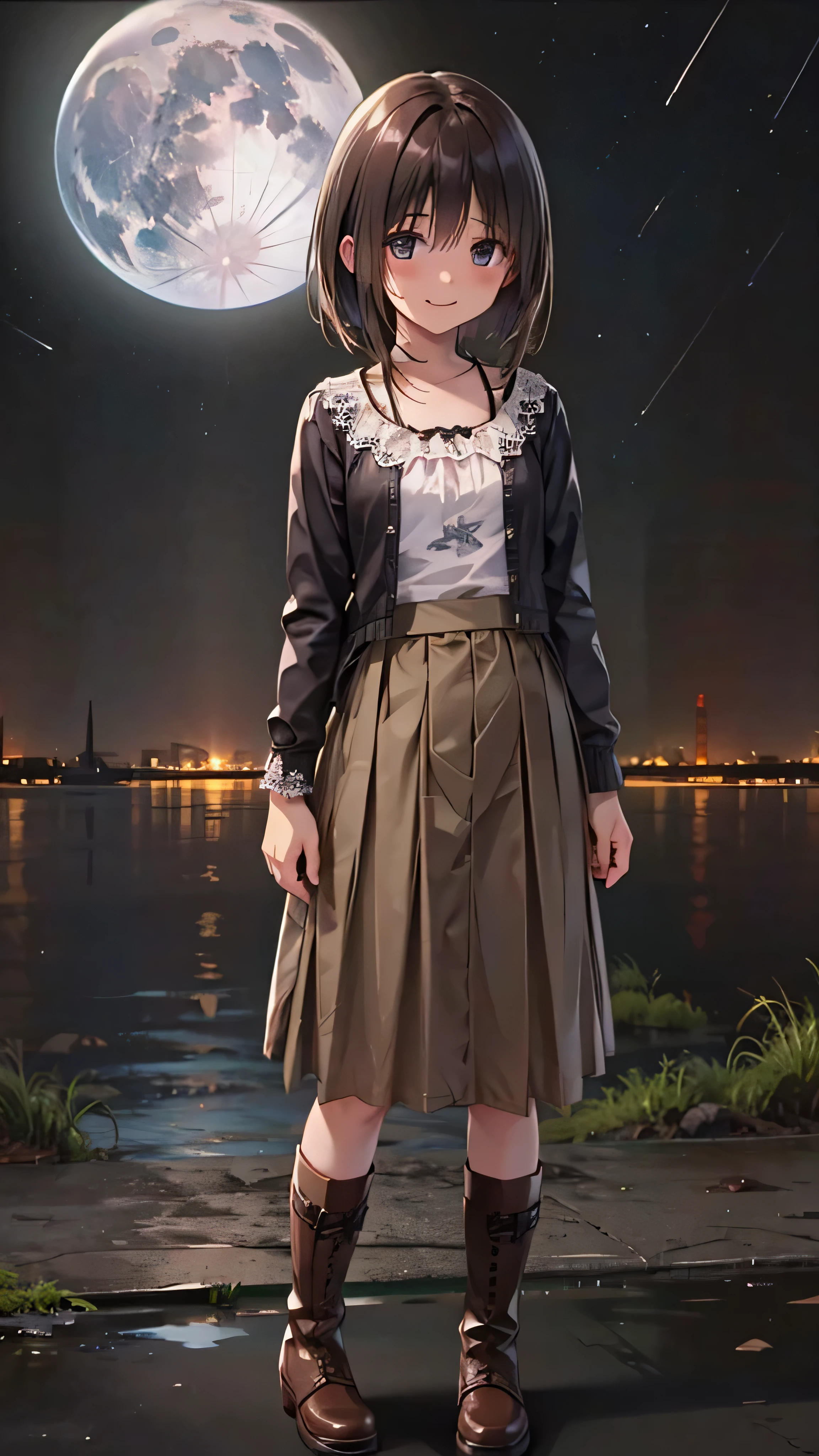  very detailed, ((( very detailed目と顔))), Realistic Portrait , ( best quality, masterpiece,  high definition ), ( high definition スキン: 1.2), 8K Ultra HD,  background blur, smile, Get excited,  one woman, midnight,  absurd, (abyss), Dark Background,  black background, Reflection of light, full moon, meteor shower, starry sky, tiered skirt, lace tops,  long boots