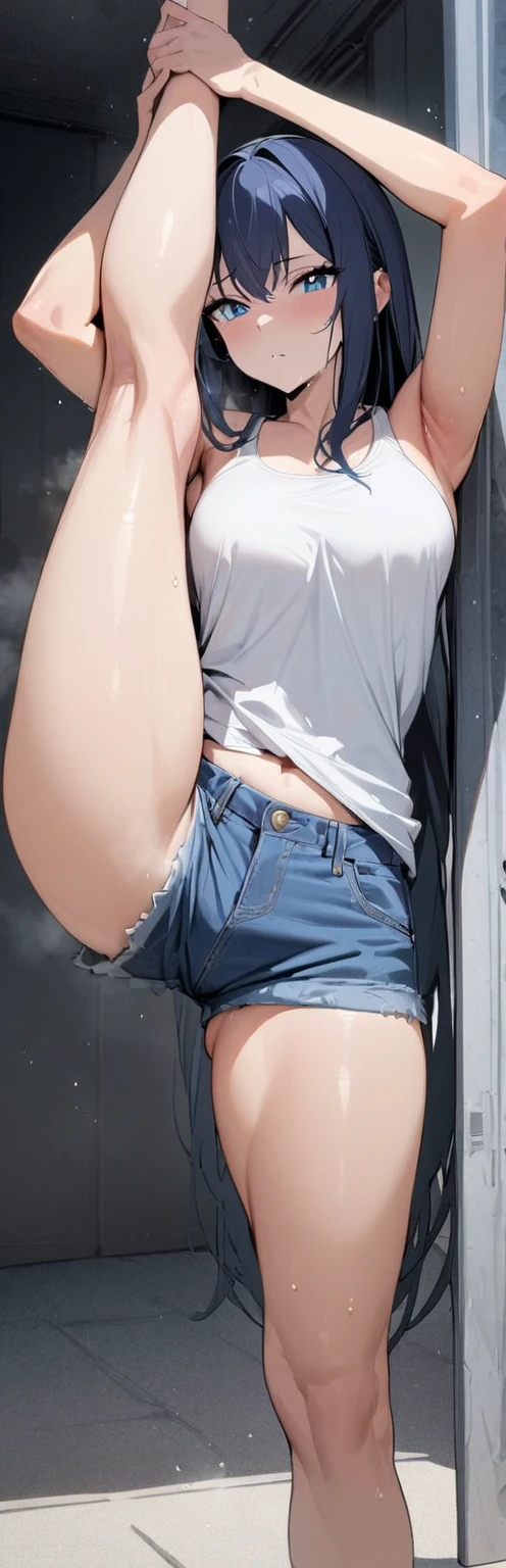 (masterpiece, best quality:1.2), 1girl, solo,standing_split,
long hair, White sleeveless tank top,blue denim shorts
