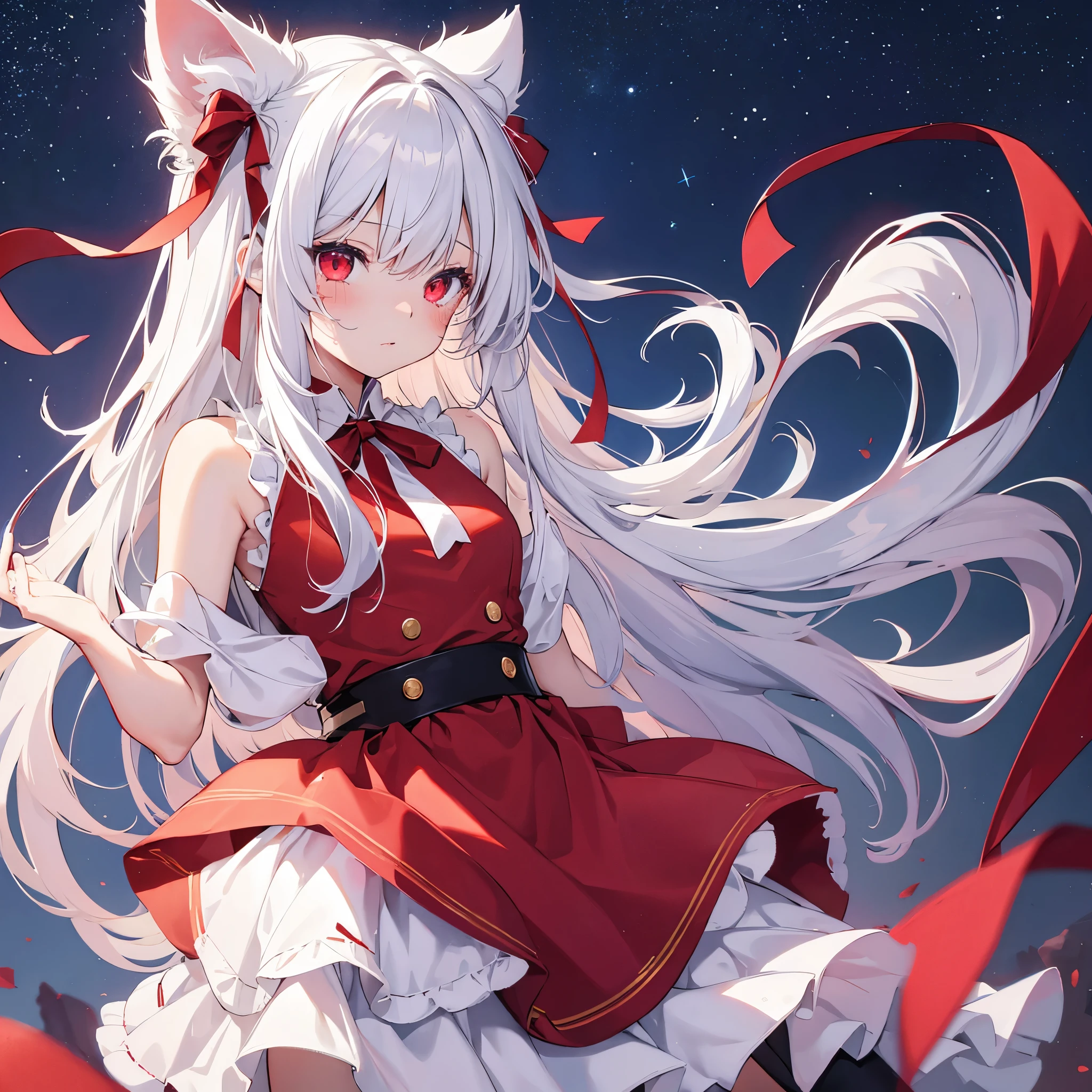 High definition, 16k, Very High quality, Long white hair , cat ears, red ribbon on the head, li , red eyes, red sleeveless , The younger , small chest , cute , crying , the starry sky background, hands behind back , girl 1