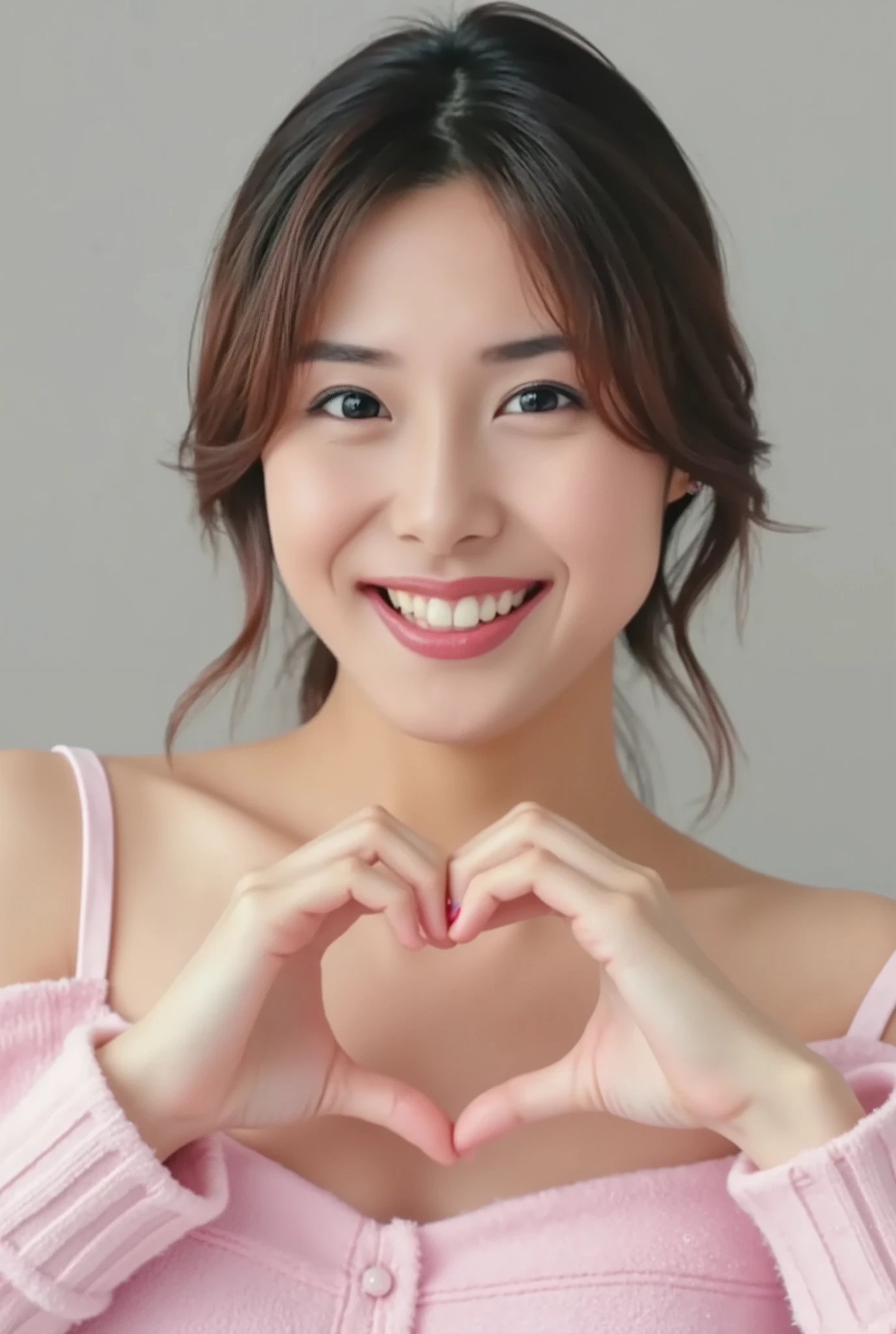 Only one woman with a cute smile wears cute, fluffy off-shoulder pajamas, makes a big heart shape with both hands, and poses them in front of her chest, View above collarbone、The background is a monotone 、
