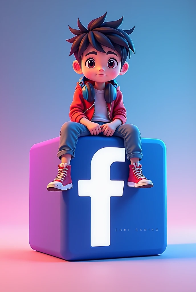 "Create a 3D illustration of an animated handsome boy sitting casually on top a social media logo "Facebook". The character must wear a modern filipino clothes. The background of the character is universe