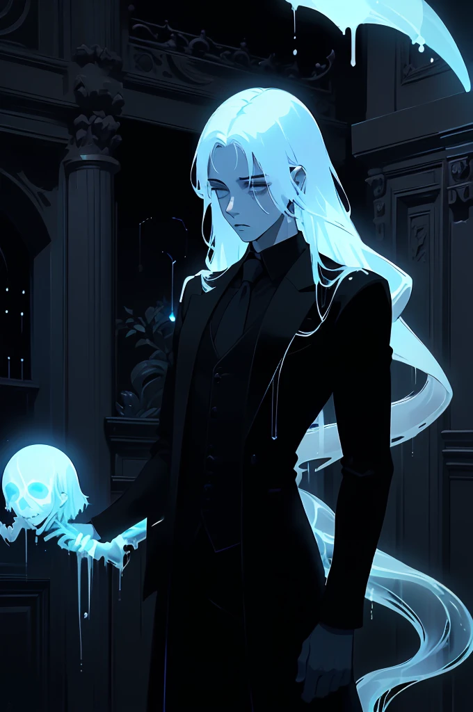 (1 boy, Young male), (An ethereal glowing ghost boy:1.5, Translucent body:1.2), (eyes looking to camera, Sadness Face, black over coat, black suit,necktie), (Body floating in the air:1.2), (Night corridor, dark room), Blue skin, Portrait