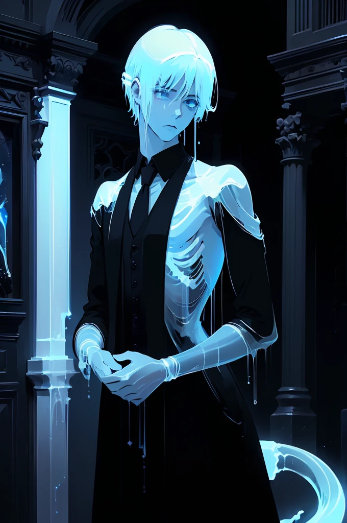 (1 boy, Young male), (An ethereal glowing ghost boy:1.5, Translucent body:1.2), (eyes looking to camera, Sadness Face, black over coat, black suit,necktie), (Body floating in the air:1.2), (Night corridor, dark room), Blue skin, Portrait