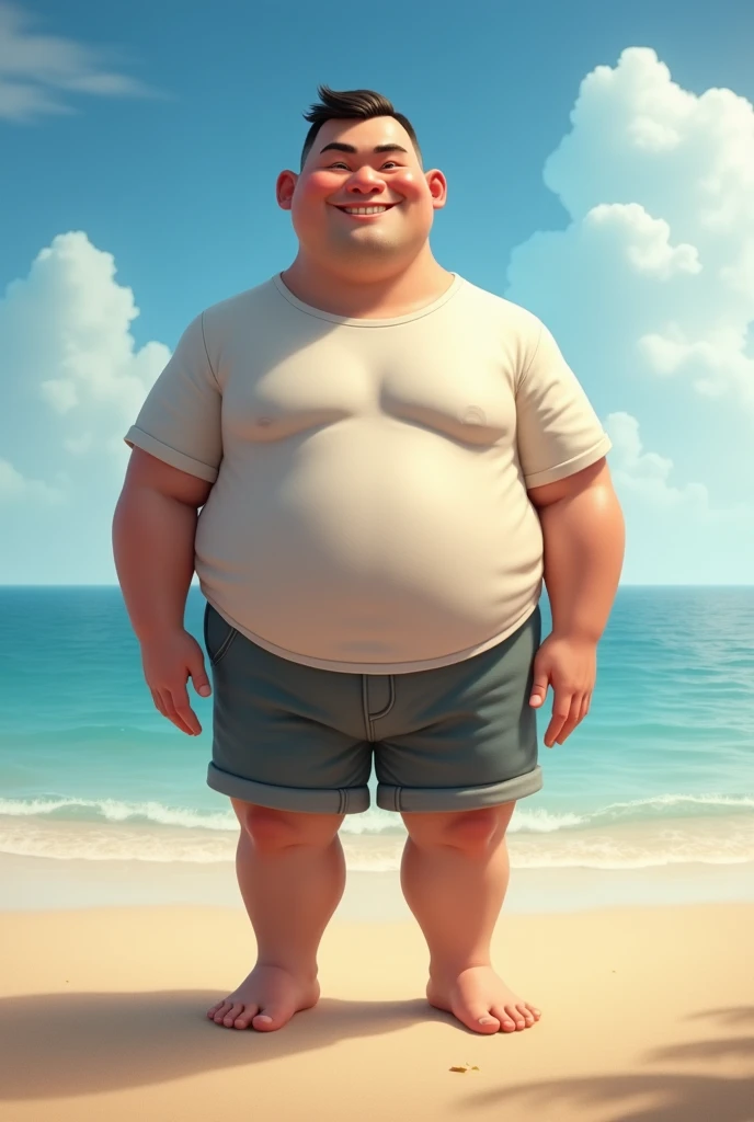 A fat man，Big eyes，Black round glasses，short hair，Round inches，Big round face，Very large and well-developed chest muscles，Big full belly，Standing on the beach far away from the sunset，The upper body is bare，Wearing briefs with bulge in the crotch，Oriental male，full-body shot