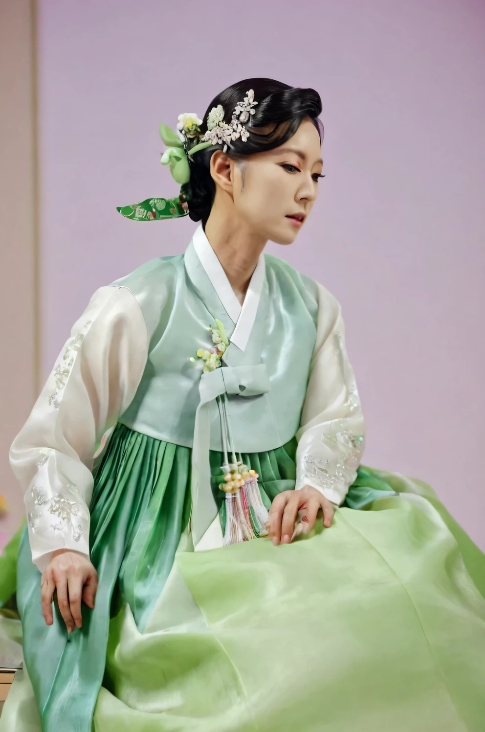 A Korean man in women's hanbok, hi is crossdresser, His face and hairstyle are very masculine, silk, Mother of the Bride hanbok Dress Outfit, breasts like a woman, light green, slender female body, little side view, full body shot, sit quietly