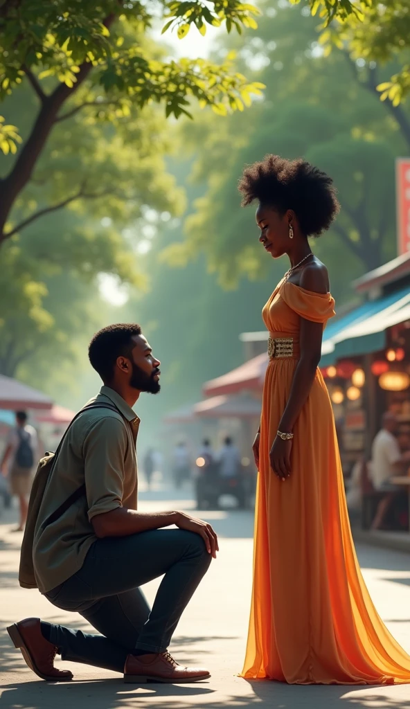 Young Afro-Haitian couple at university, Habits, classy. Regard complice, Cadre lumineux, idyllique, Sensuel, captivant pour les amoureux.The other students look at them in a jealous way.