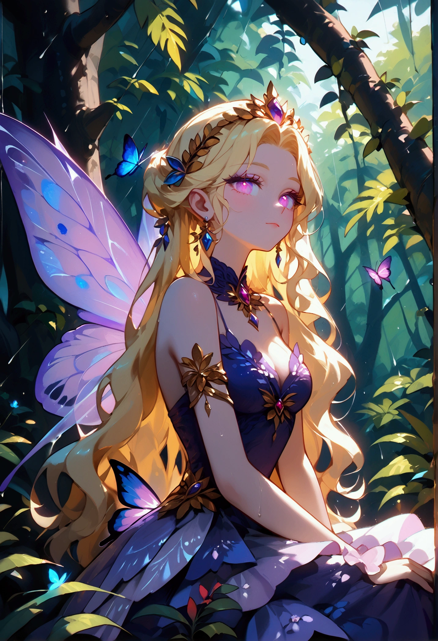 a picture of a jungle fairy, an extraordinary beautiful, elegant beauty, divine beautiful fairy, spread butterfly wings, blue and purple wings, pink eyes, glowing eyes, best detailed face,  blond hair, rich hair, wavy hair, glamour dress, wild dress, dress decorated with jungle flowers, sitting on massive heliconia tree the rain forest, sun rays coming through the trees, Hyperrealism style, vibrant, Ultra-high resolution, High Contrast, (masterpiece:1.5), highest quality, Best aesthetics), best details, best quality, highres, ultra wide angle, 16k, [ultra detailed], masterpiece, best quality, (extremely detailed) RAW, chumbasket art style, FairyTaleAI, fairy wings, hyp3rd3tail style