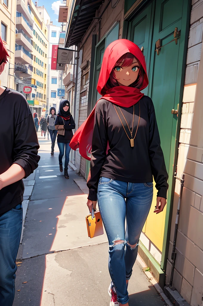 1girl, illustrate, afternoon time, at Algiers city, walking, (weared hijab), height 155cm dark skin girl, small size chest, red hair, long straight hair, bangs, green color eyes, ((call on the mobile phone, iPhone)), weared black color long sleeve T-shirts, weared cardigan, weared denim jeans, smiling