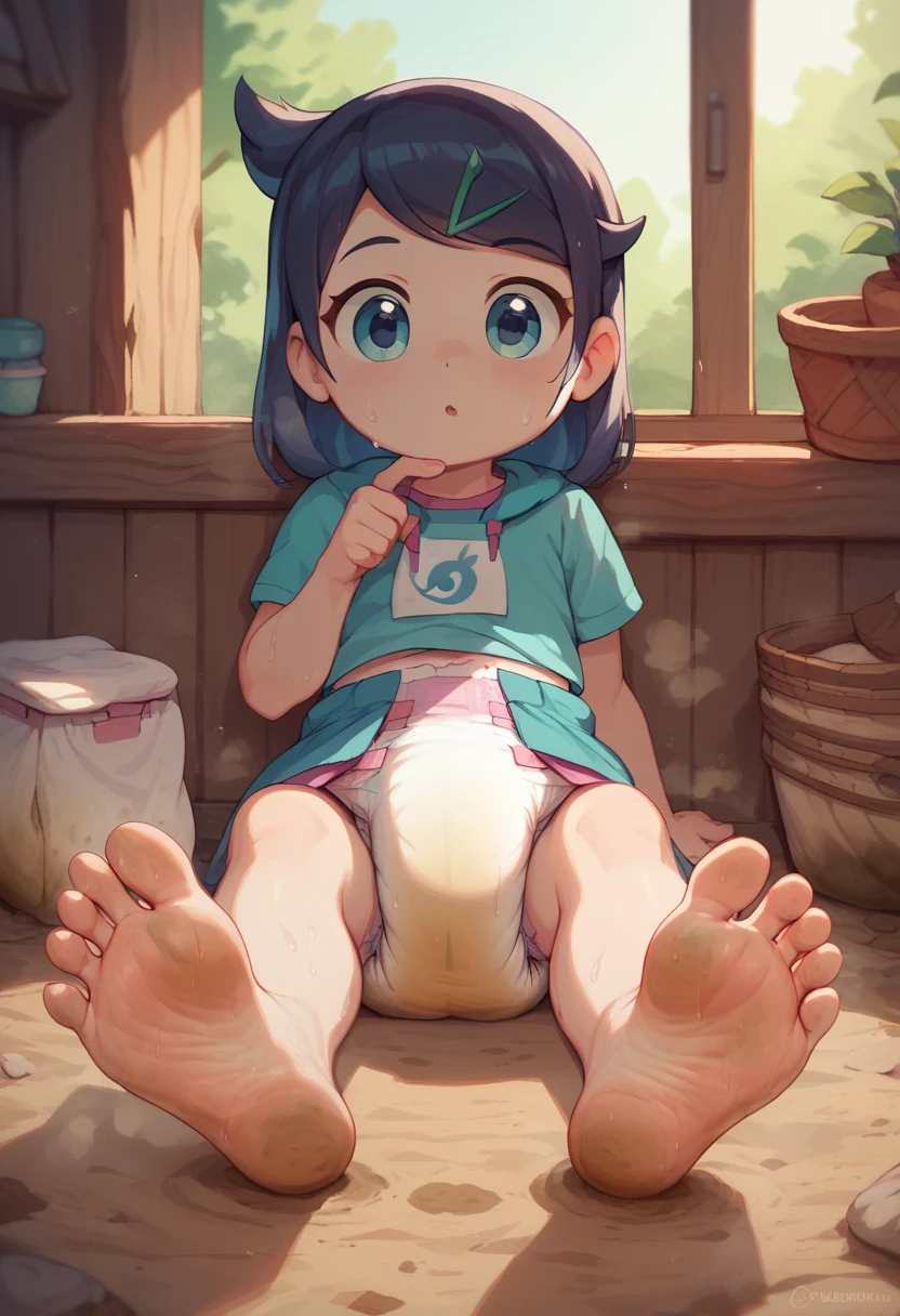 masterpiece, best quality, highres, liko as a toddler, girl sitting, wet diaper, very cute, adorable, curious, barefoot sole, foot focus, dirt, smelly, stinky, steamy, sweaty