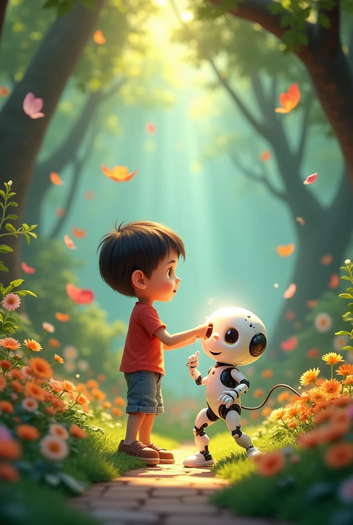 Create a 3D image of this contest 'A plan with the touch of magic of a  and his AI friend playing in the guaden' which should be appli g to both ren and adults 